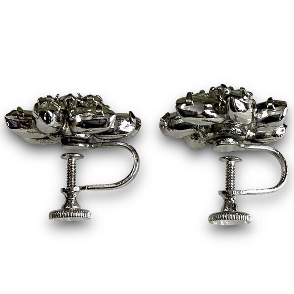 Vintage Silver Toned Clear Rhinestone Flower Cluster Screw Back Earrings - Picture 4 of 7